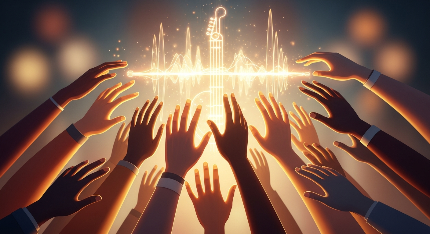 Diverse hands contributing to a musical symbol, illustrating successful crowdfunding music projects and fan-supported funding for independent artists.
