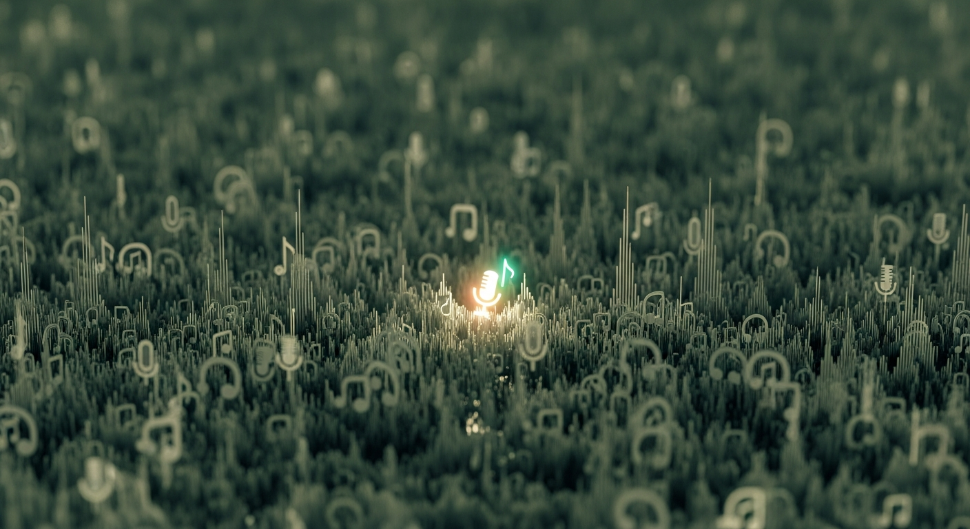 Conceptual image of an independent artist's music struggling to be heard amidst a crowded digital music promotion landscape.