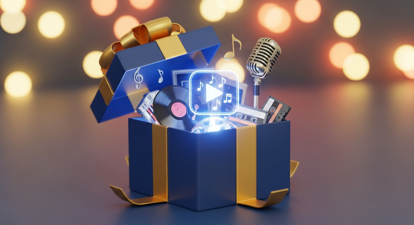 Holiday gift box revealing music merchandise, symbolizing revenue and fan gifts for musicians during the holiday season.