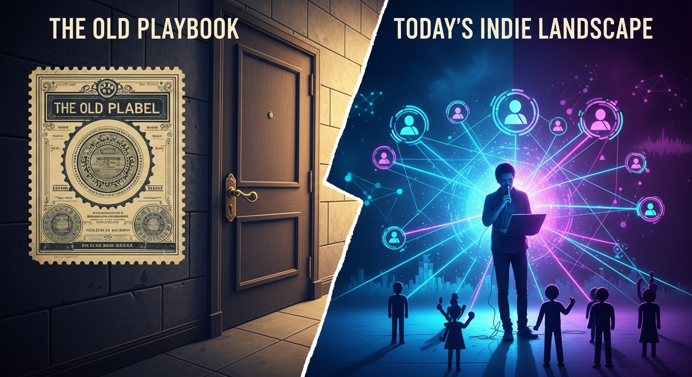 Visualizing the shift from old music industry playbooks to modern indie artist holiday marketing and agile music release calendar planning.