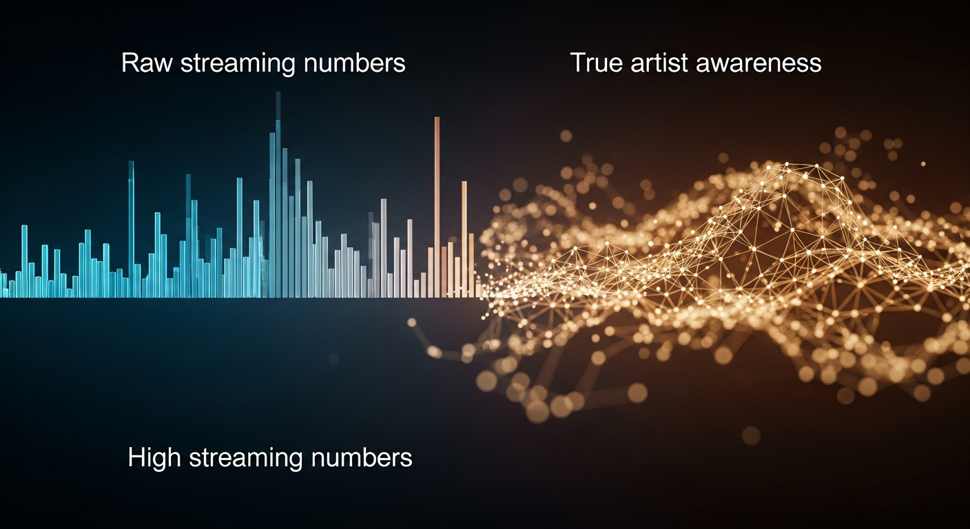 Visual representation differentiating raw streaming numbers from true artist awareness, highlighting the importance of independent artist marketing beyond just platform metrics.