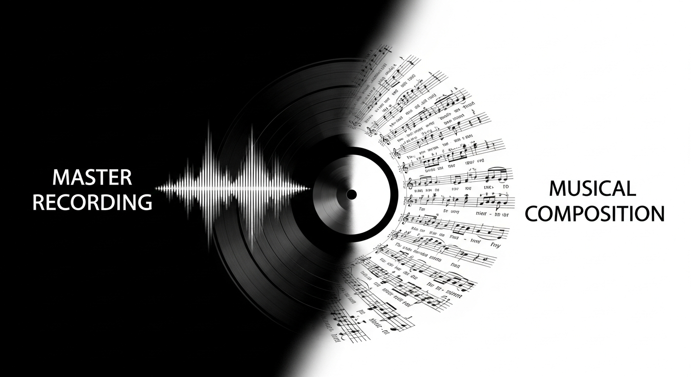 Visual representation distinguishing master recording copyright from musical composition copyright for artists.