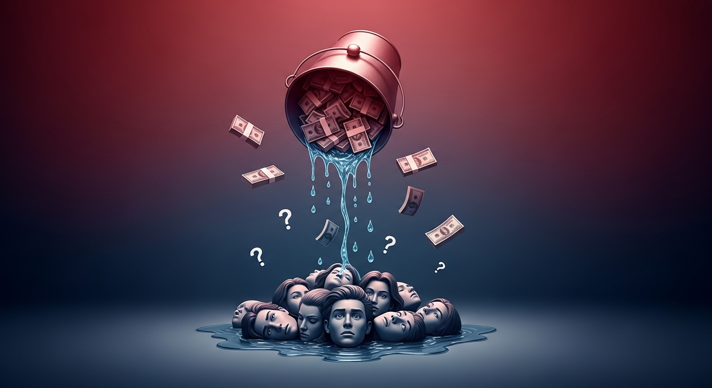 A leaky bucket symbolizing wasted marketing spend and eroded customer loyalty due to brand inconsistency, with confused customer faces below.