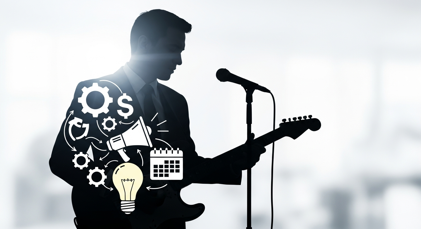 An independent musician embodying multiple roles: CEO, marketer, and financial manager, symbolizing the artist as an entrepreneur.