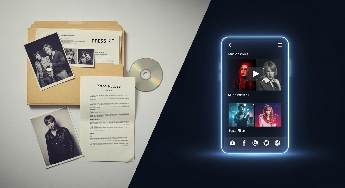 Comparison of a traditional press kit versus a modern electronic press kit (EPK) for musicians, highlighting the digital advantage.
