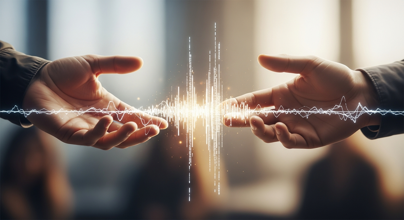 Digital illustration of direct-to-fan music connection, showing an artist and fan linked by a glowing sound wave, symbolizing strong fan engagement.