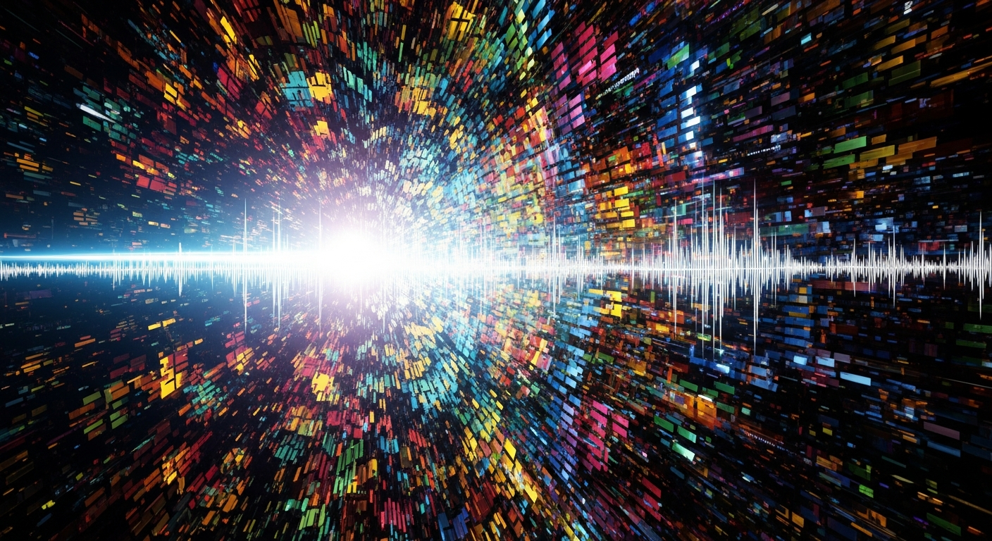 Abstract visualization of an independent artist's music marketing strategy cutting through a crowded and saturated digital music landscape.