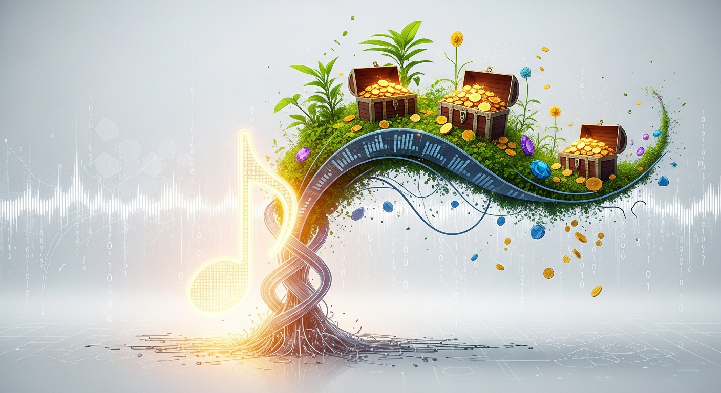 Conceptual image showing music notes transforming into financial growth, representing the hidden value and revenue potential of an independent artist's music catalog.