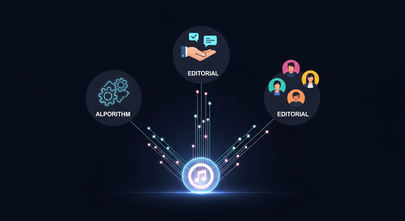 Visualizing the modern music discovery landscape with algorithmic, editorial, and user-generated playlists for independent artists.