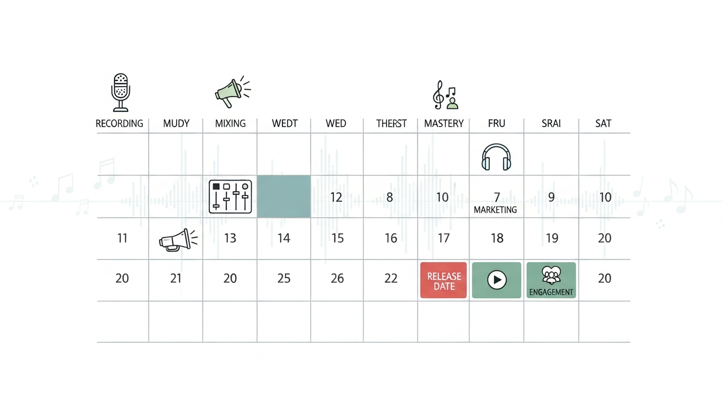 Visual representation of a strategic music release plan and independent artist calendar with key milestones.