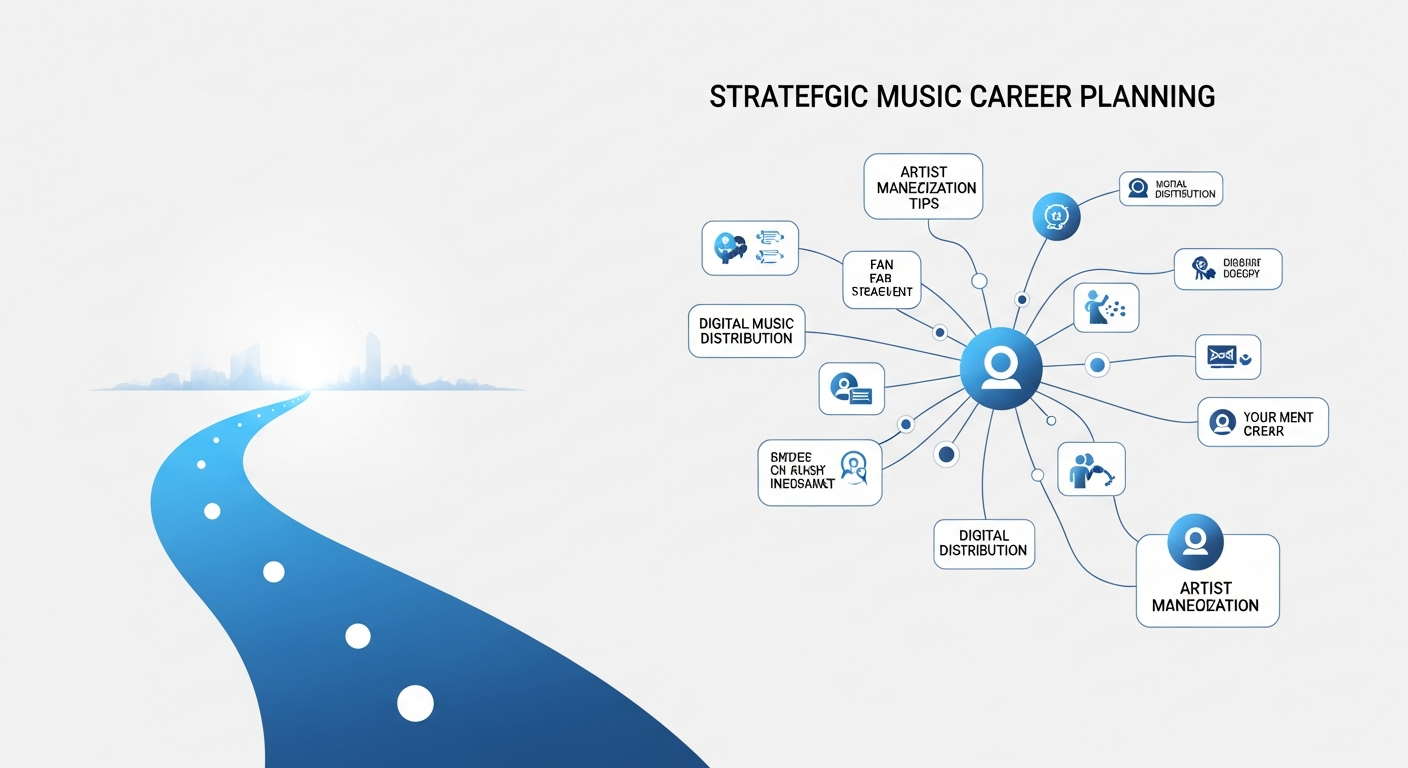 Strategic music career planning for independent artists, showing digital music distribution and monetization