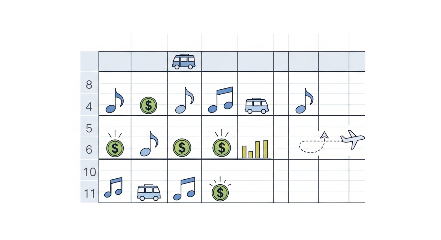 Music tour budget planning: an illustration of financial spreadsheets with musical notes and travel icons for independent artist touring.