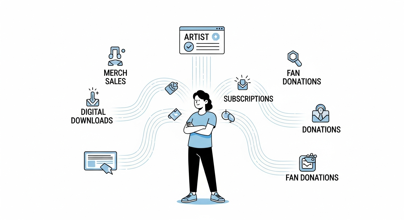 Independent artist receiving multiple online income streams from their website, including music merch sales and fan subscriptions.