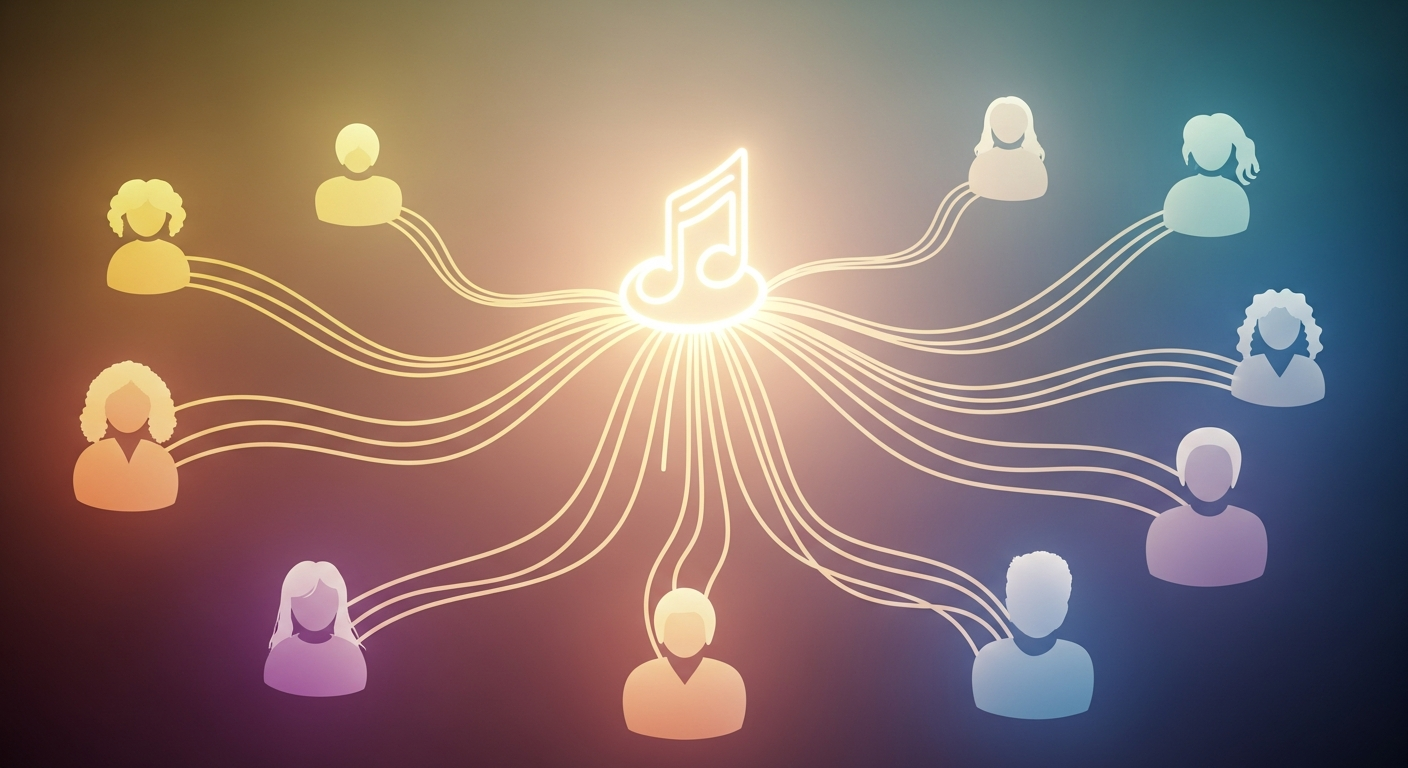 Visual representation of deep music fan engagement, showing an artist connecting with a loyal community of superfans.