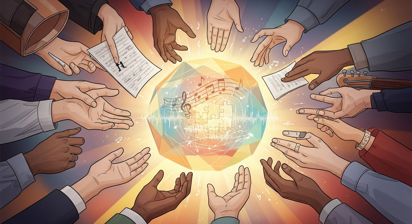 Diverse hands collaborating on a project, symbolizing artist collaboration opportunities and shared knowledge.