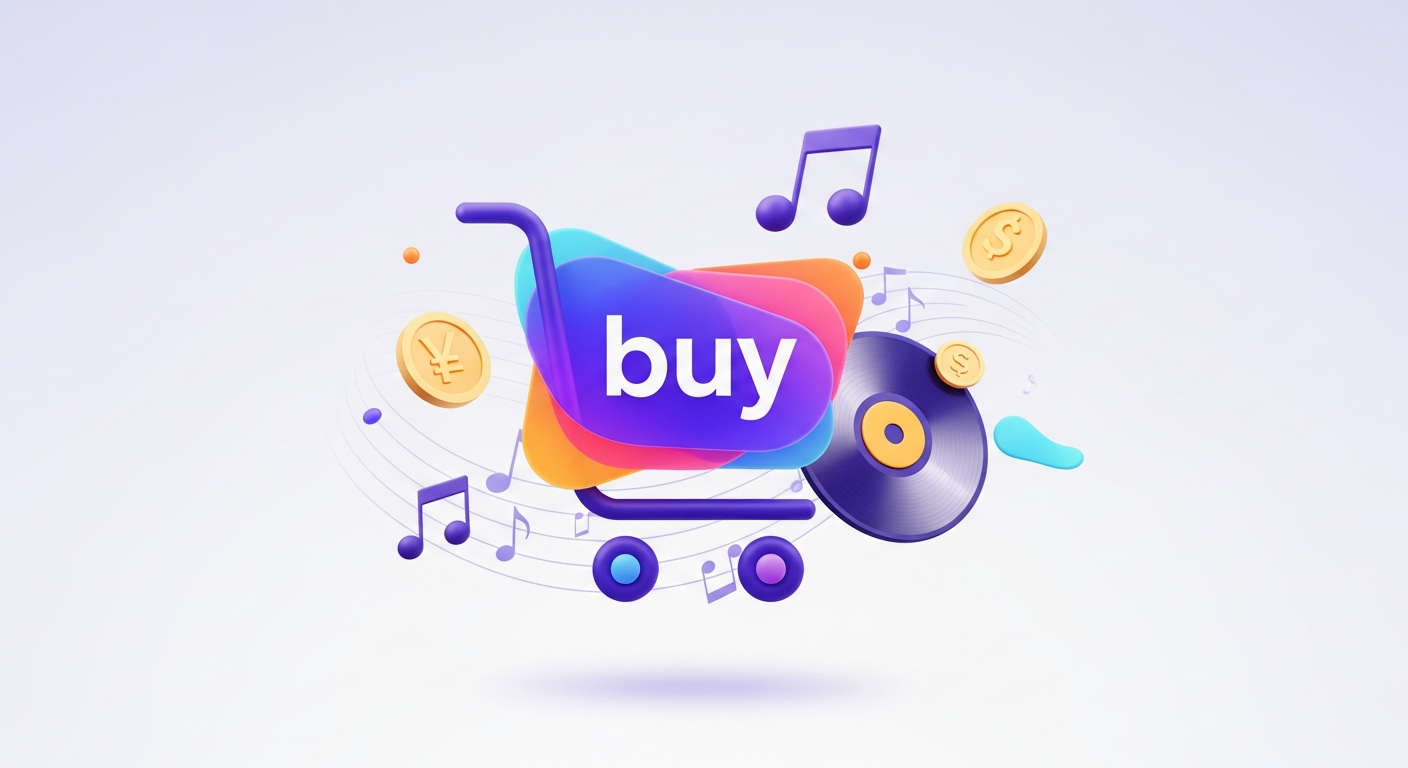 Conceptual image of an independent musician selling music directly from their website, showing a shopping cart with musical notes and digital currency symbols.