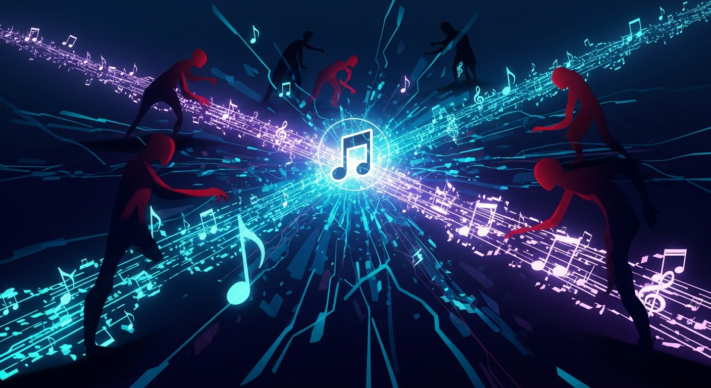 Digital music fraud landscape showing streaming loopholes and indie artist vulnerability.