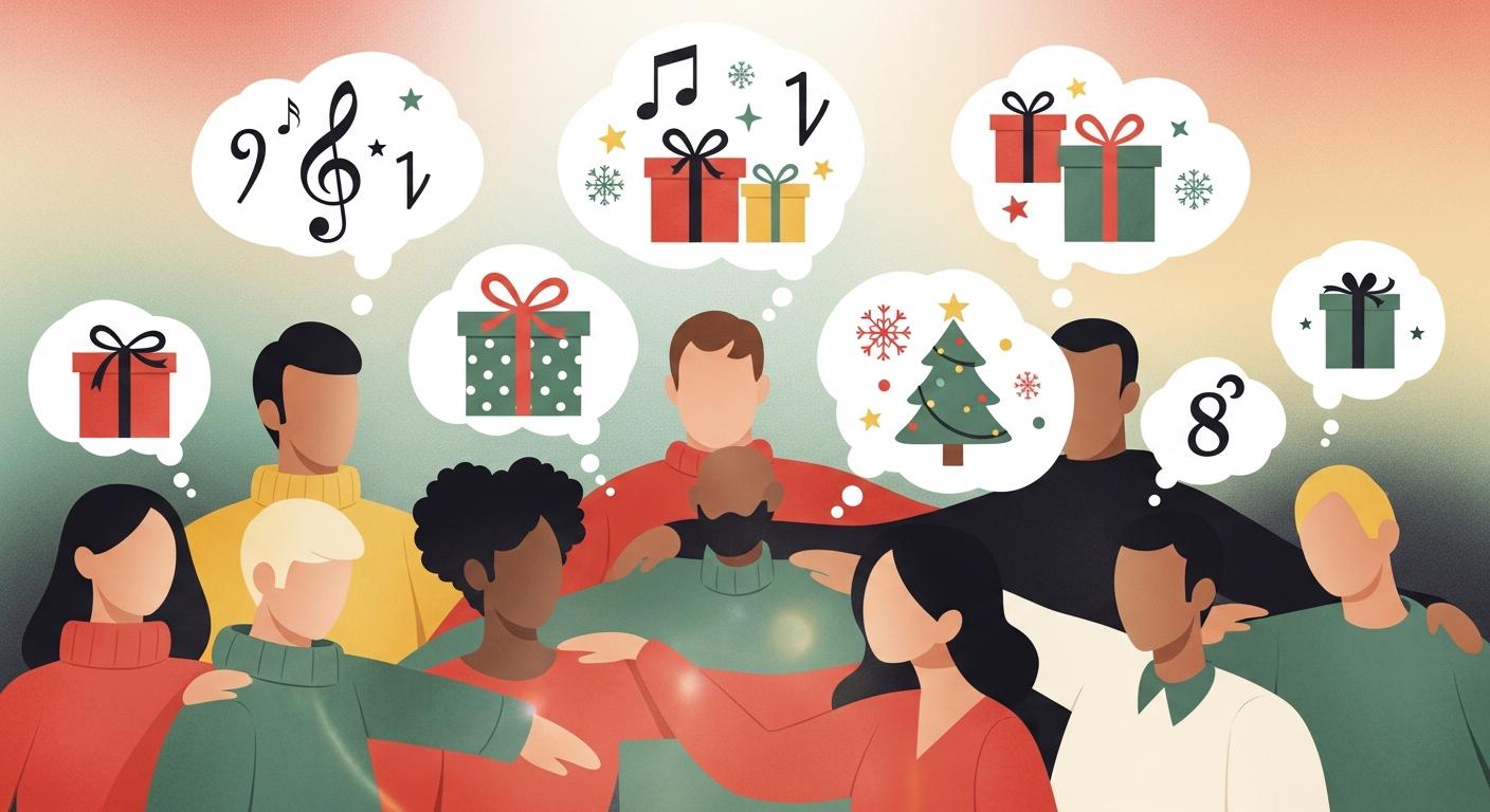 Conceptual image showing a diverse group of music fans in a holiday mindset, seeking unique gifts and connecting with indie artists.