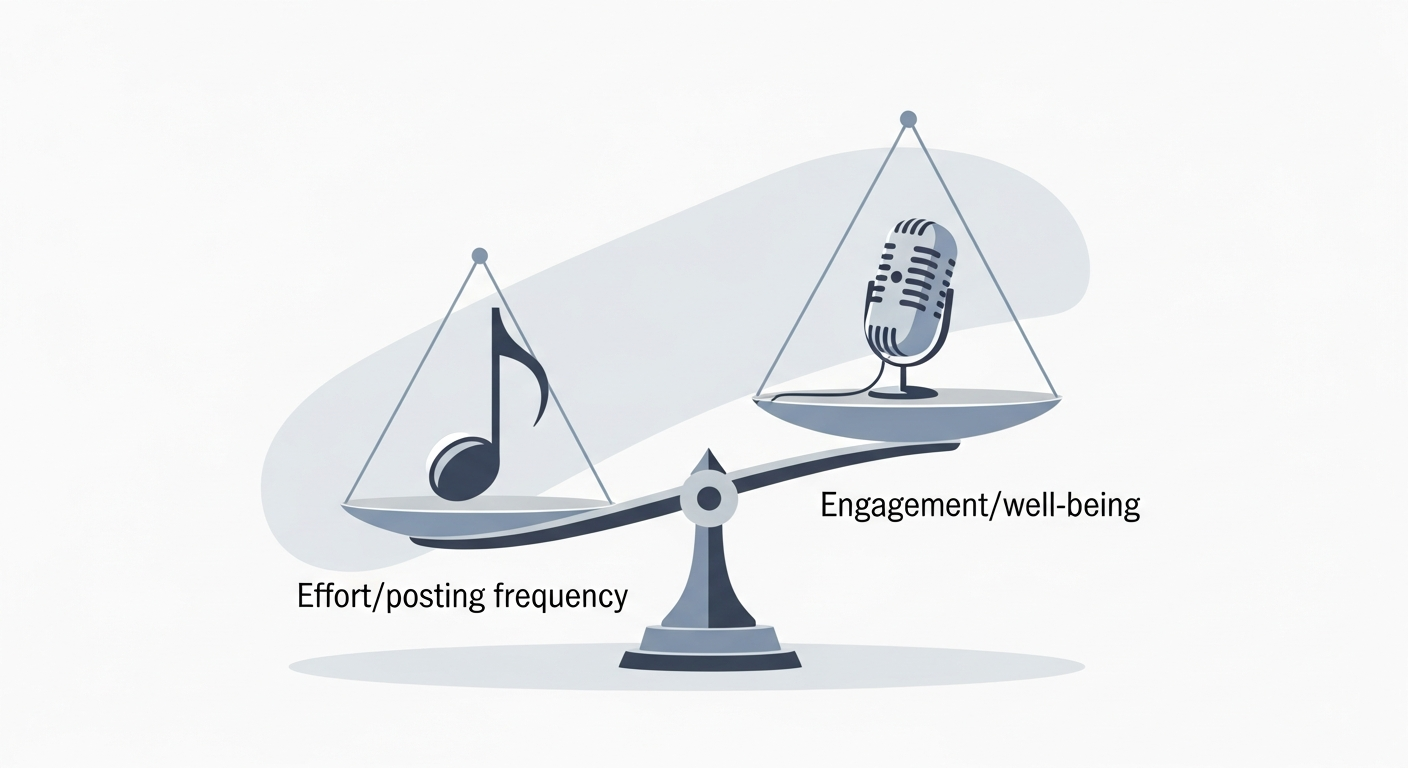 Musician balancing Instagram posting frequency and avoiding burnout, representing a sustainable artist social media strategy for music promotion.
