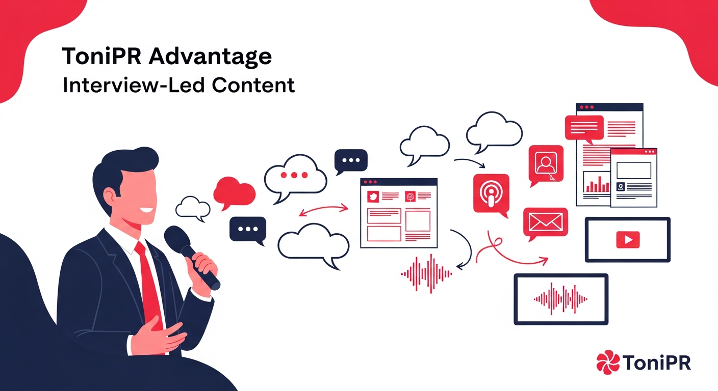 Illustration of an interview transforming into multiple content formats, symbolizing the ToniPR interview-led content strategy.