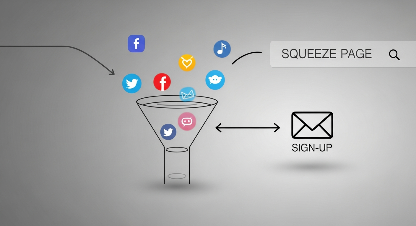 Visual representation of a squeeze page concept, funneling user attention to an email sign-up for musicians.