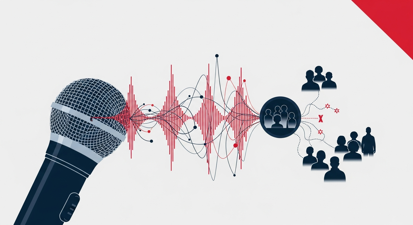 Abstract illustration showing sound waves connecting a speaker with an audience, symbolizing the trust, authenticity, and strong connections built through business podcasting.