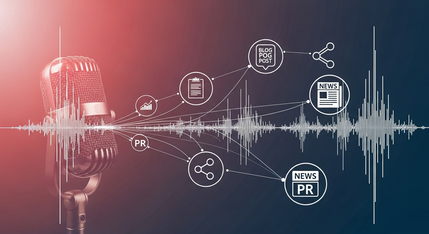 Audio waves transforming into different content formats for repurposing and PR.