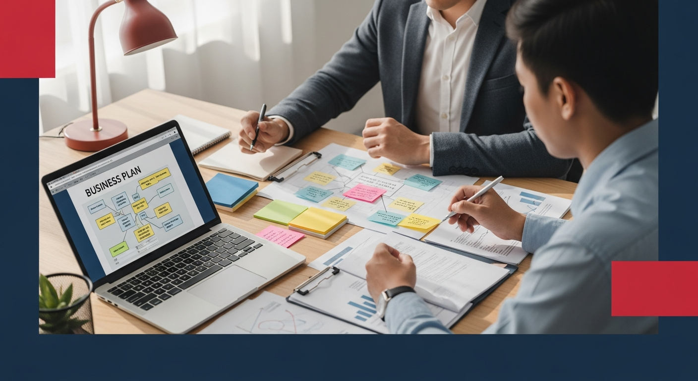 Founder engaged in strategic planning for a new business launch, surrounded by planning tools like mind maps and a laptop.