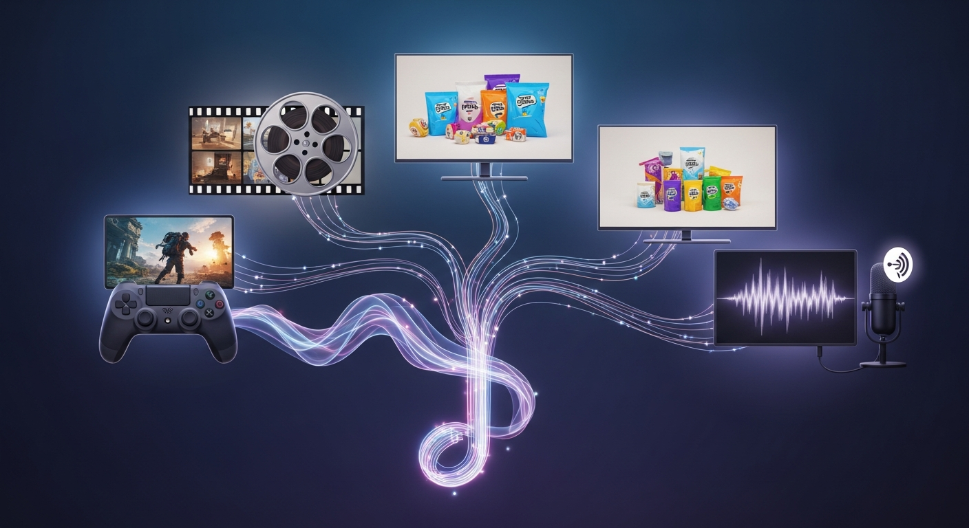 Visual representation of music sync licensing, showing a musical note connecting to film, TV, video game, and podcast media, illustrating monetization opportunities for independent artists.