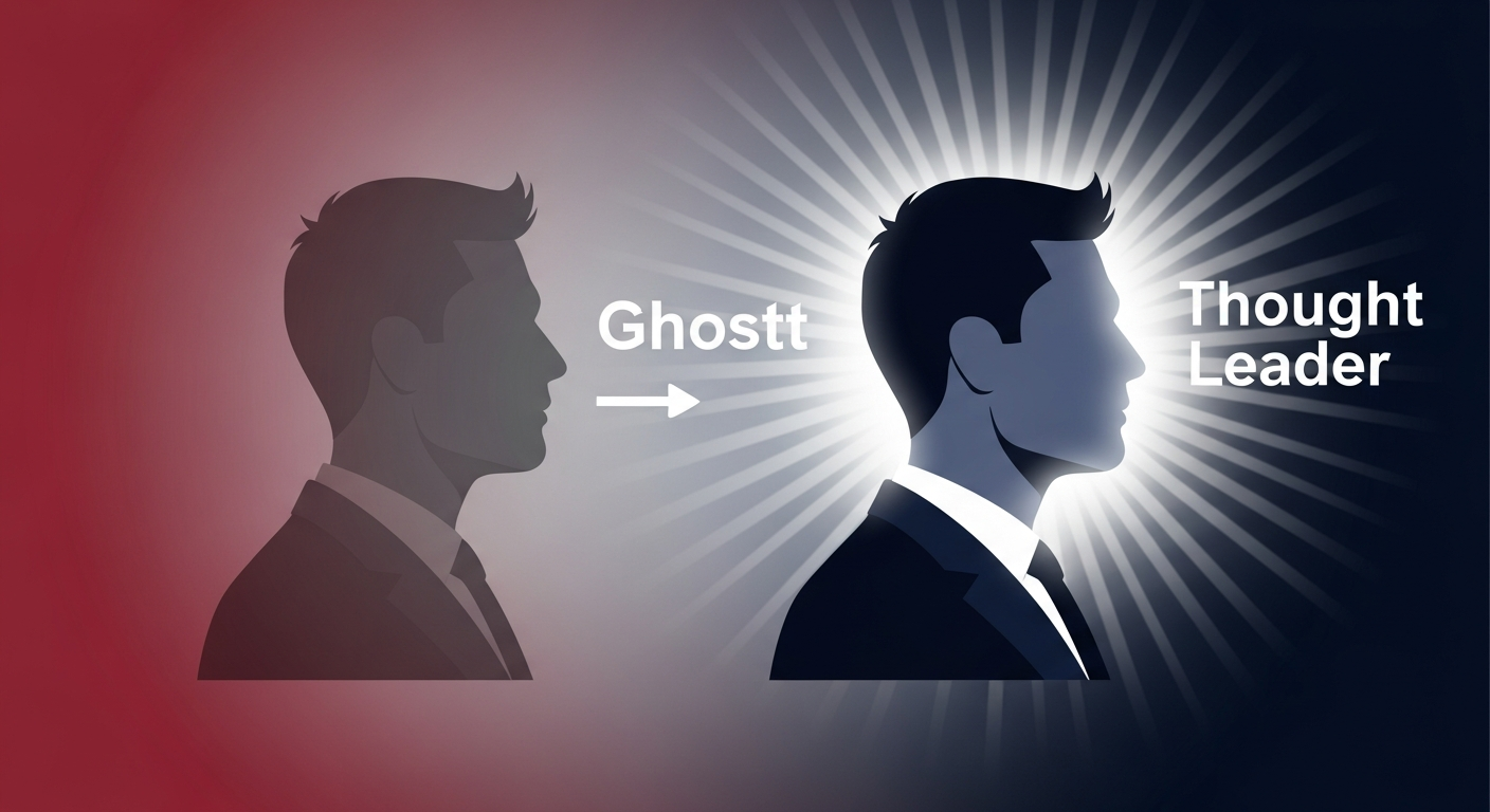 Conceptual image illustrating a CEO's transformation from an inactive LinkedIn profile to a visible, influential thought leader.