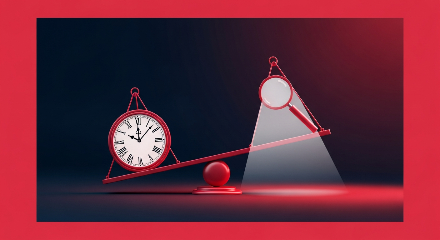 A balanced scale with a clock on one side and a spotlight on the other, symbolizing the challenge and solution of achieving professional visibility with limited time.