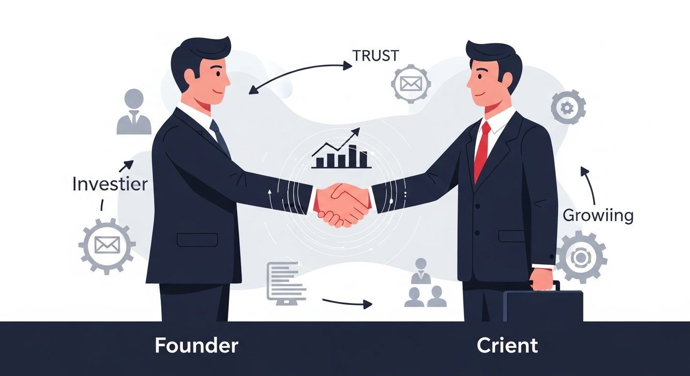 Conceptual image of a digital handshake between a founder and a stakeholder, representing the building of trust and credibility on LinkedIn.