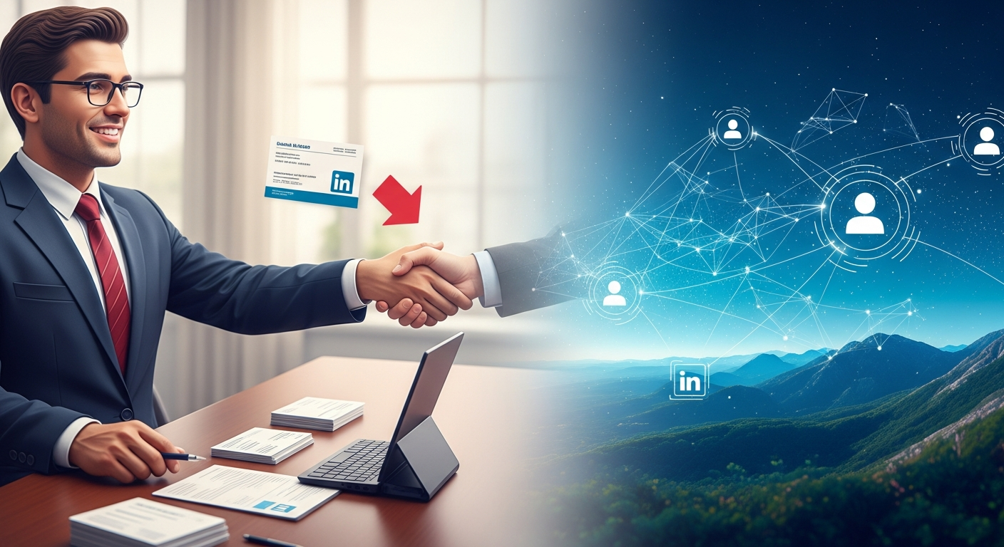 Illustration showing the evolution from traditional business card networking to modern digital professional networking on platforms like LinkedIn.