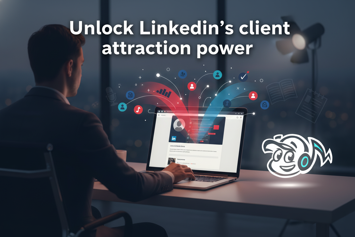 A founder or consultant looking at a laptop displaying an optimized LinkedIn profile, symbolizing client attraction and lead generation.