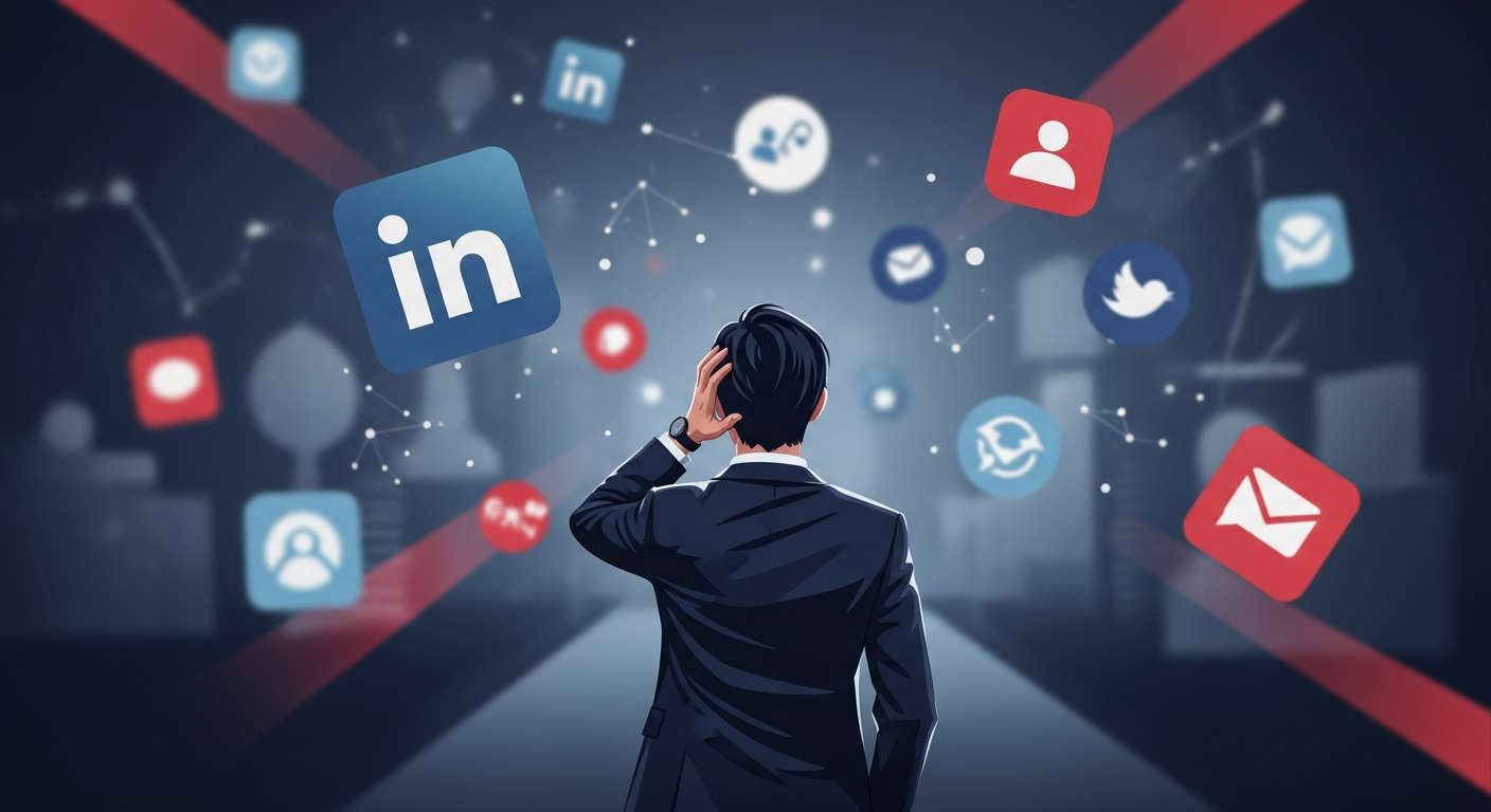 A leader looking overwhelmed by a stagnant and unorganized LinkedIn presence.