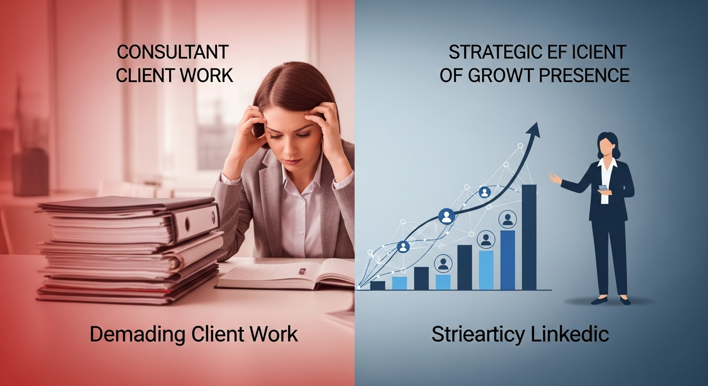 Conceptual image showing a consultant balancing demanding client work with strategic, time-efficient LinkedIn networking to build credibility and visibility.
