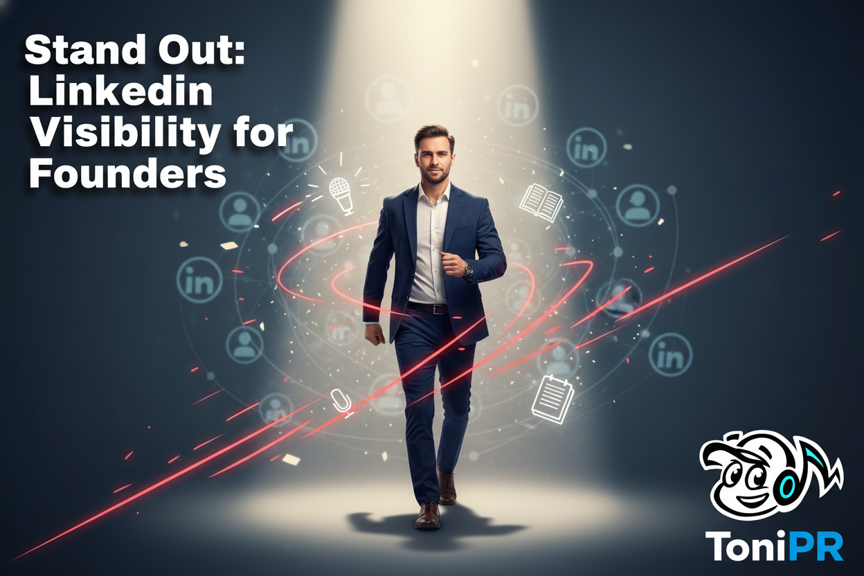 A professional founder confidently stepping out from a crowded, blurred network of LinkedIn profiles, highlighted by a bright spotlight, symbolizing enhanced visibility.