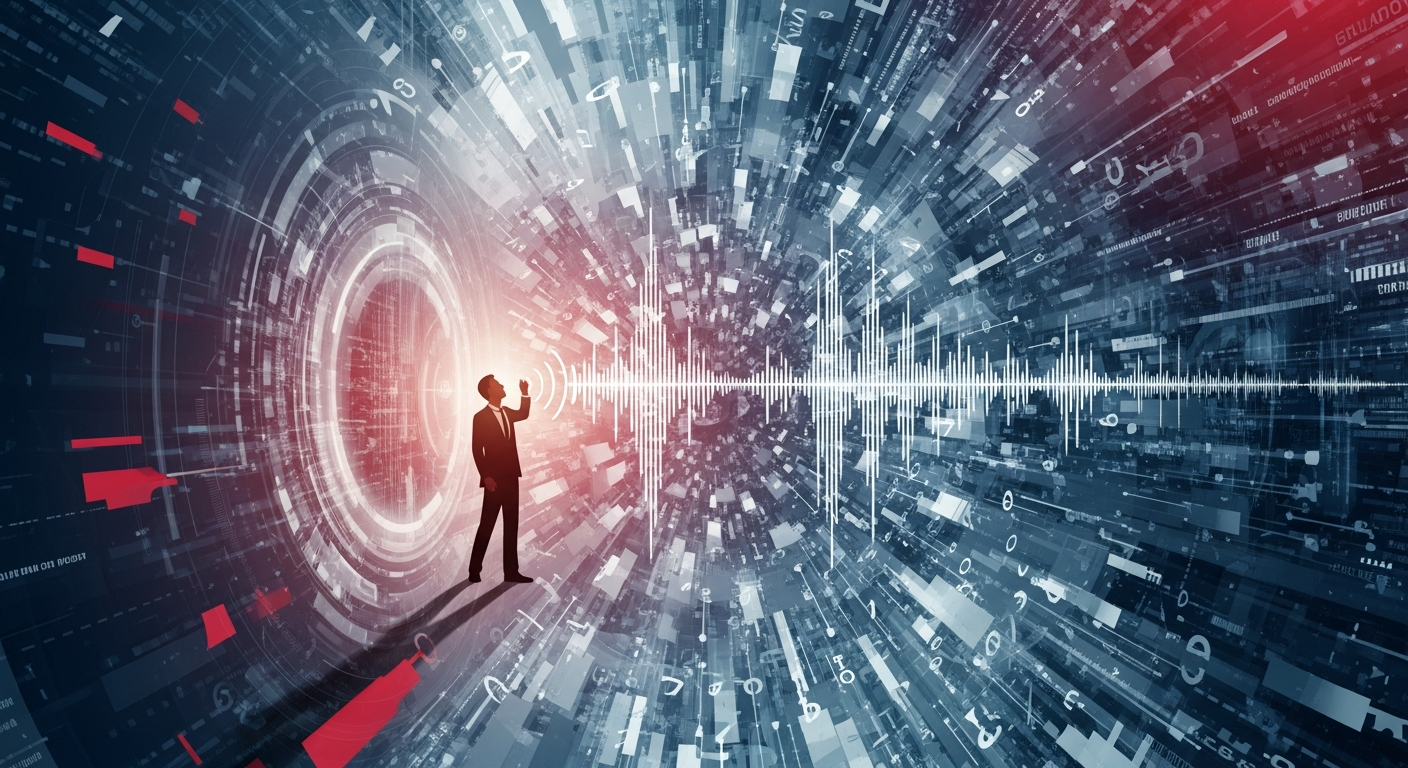 A figure's message being overwhelmed by a swirling vortex of digital information and data, illustrating the challenge of information overload on LinkedIn.