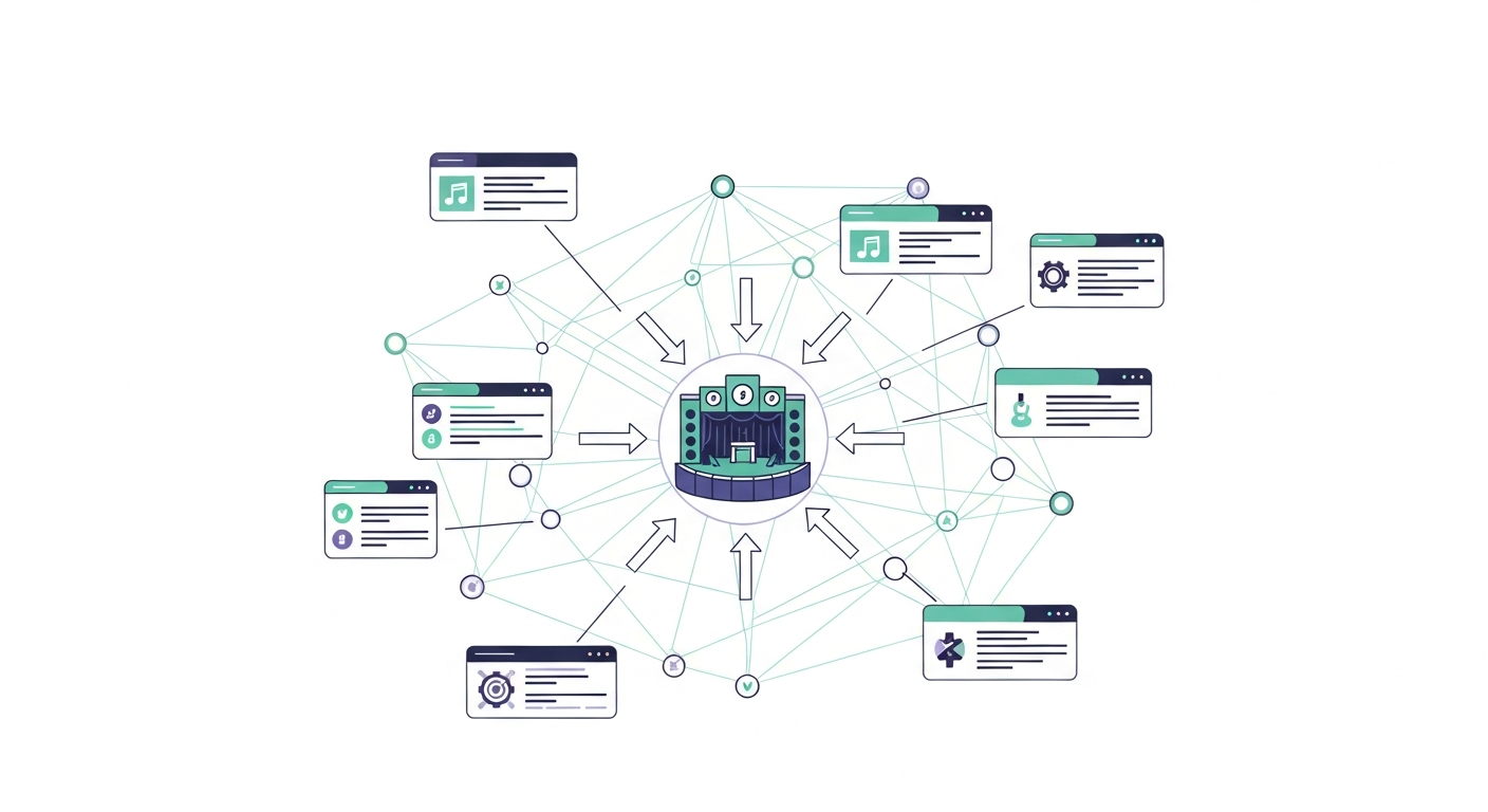 Visualizing the complex process of DJ setlist reporting and collecting performance royalties through a digital tracking network.