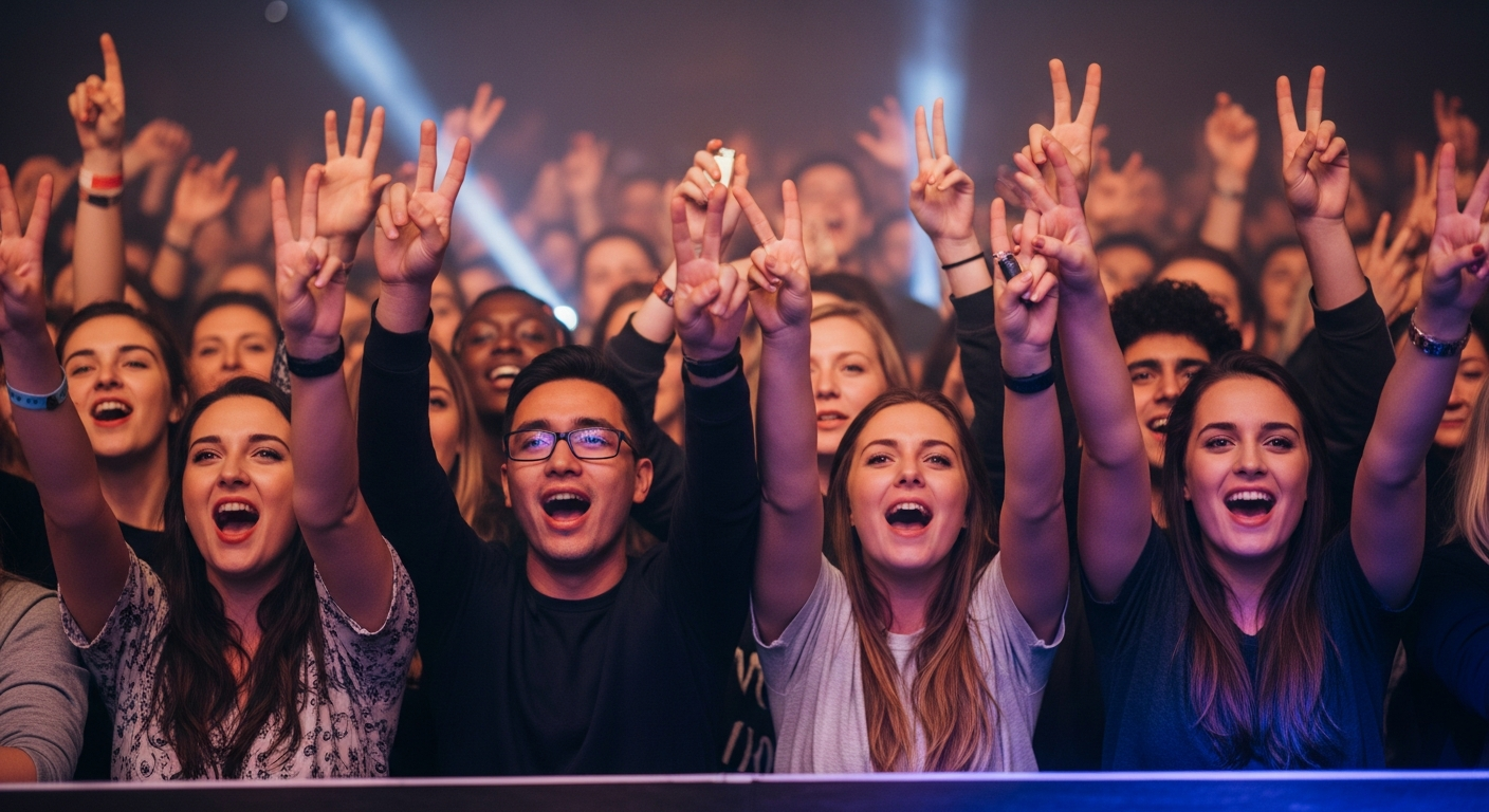 Concert audience with hands raised, actively participating in a live music performance.