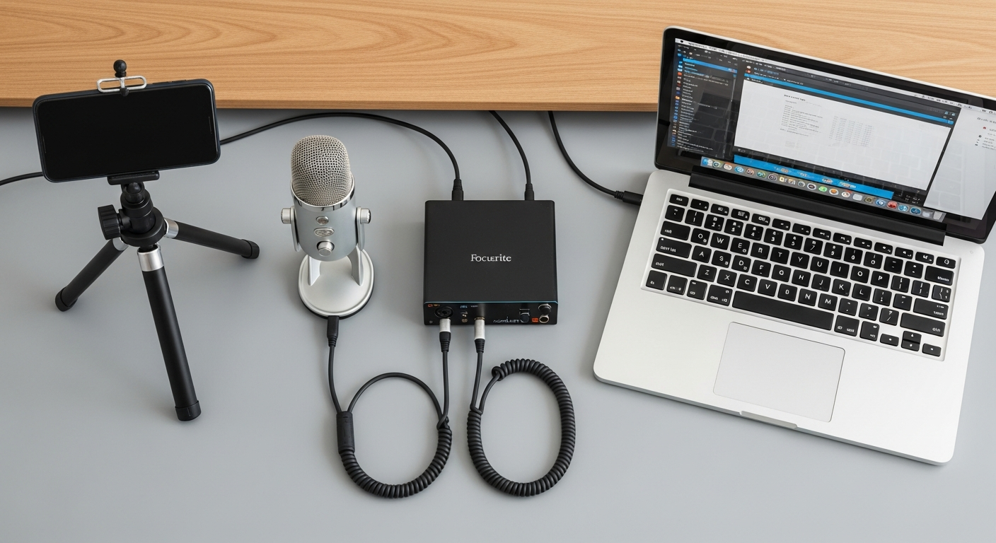 Essential live stream setup for musicians, showing microphone, audio interface, camera, and laptop