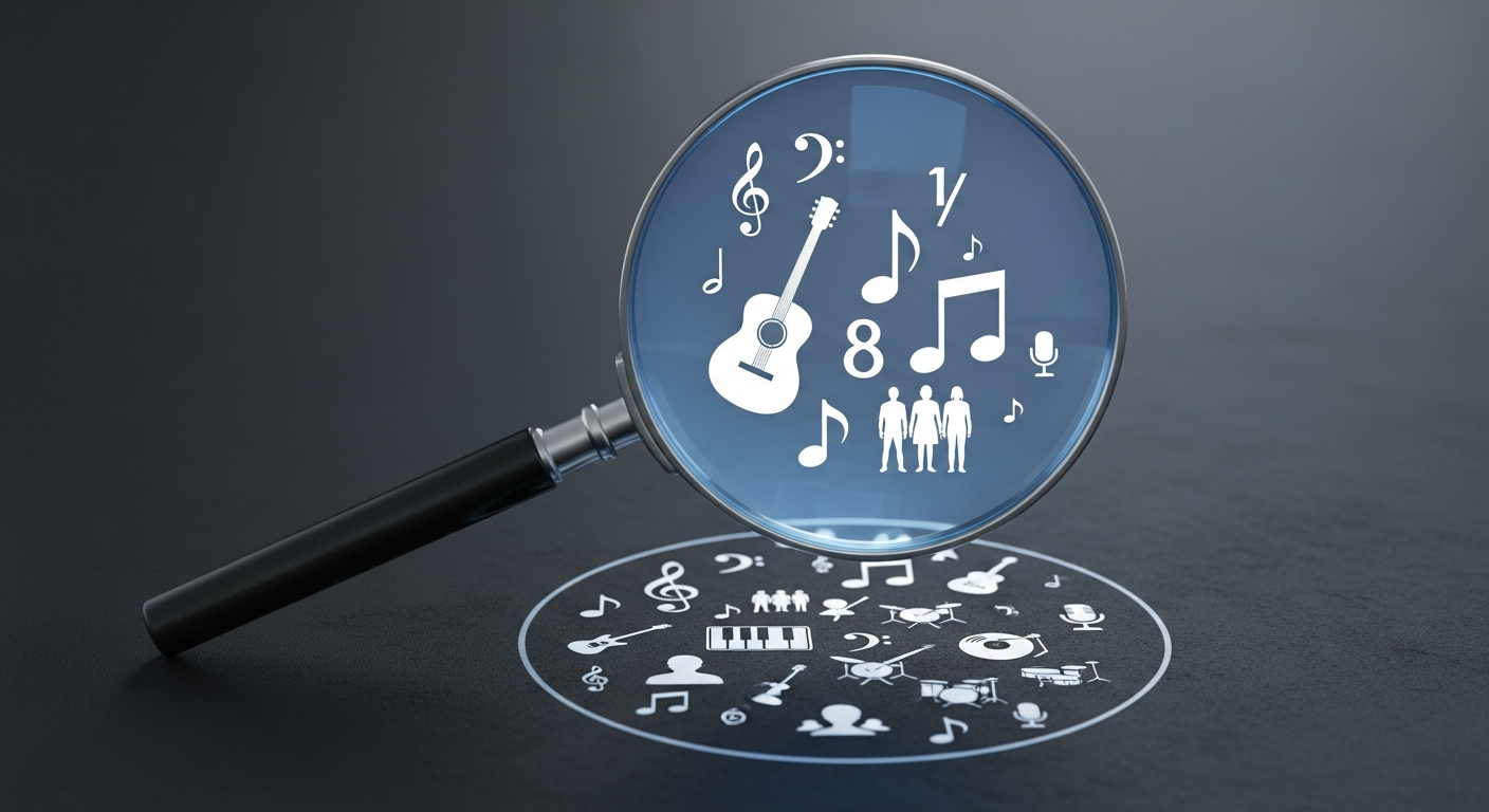 A magnifying glass focusing on specific musical elements and audience demographics, illustrating an independent artist's process of identifying their unique music niche and target audience for fan engagement.