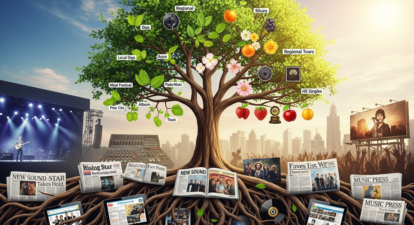 Musician's career depicted as a tree rooted in music press coverage