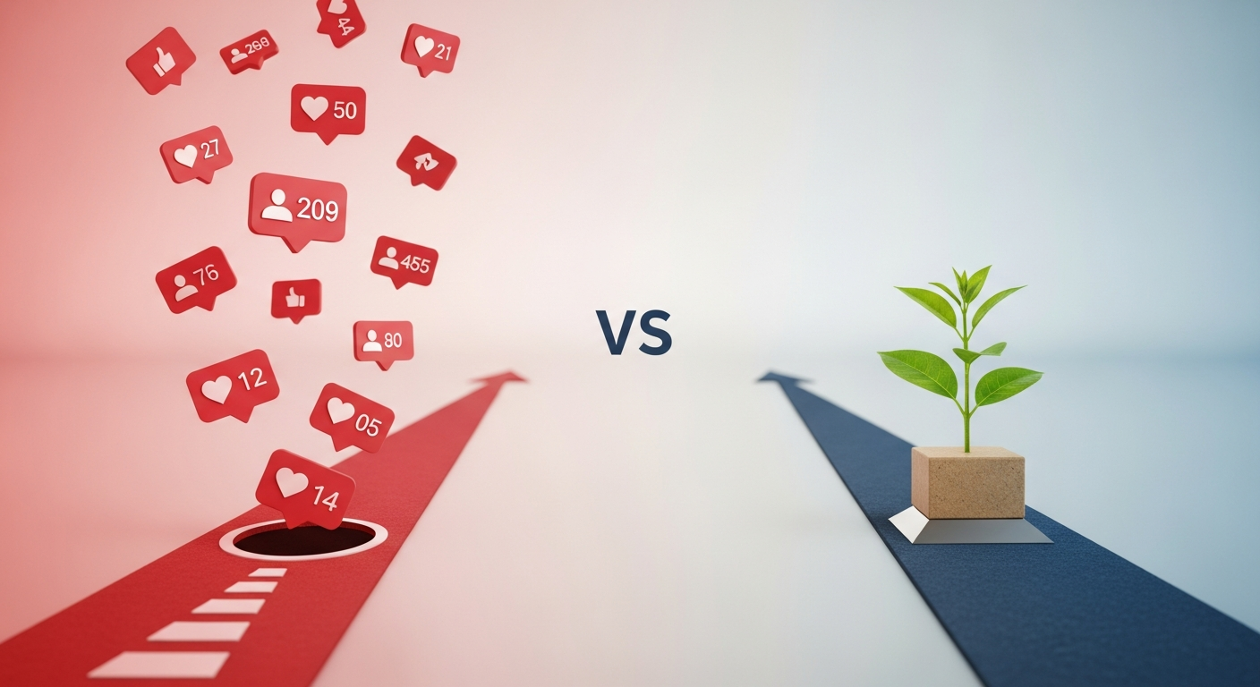 Illustration contrasting a path of fleeting social media vanity metrics with a path leading to tangible business growth and credibility.