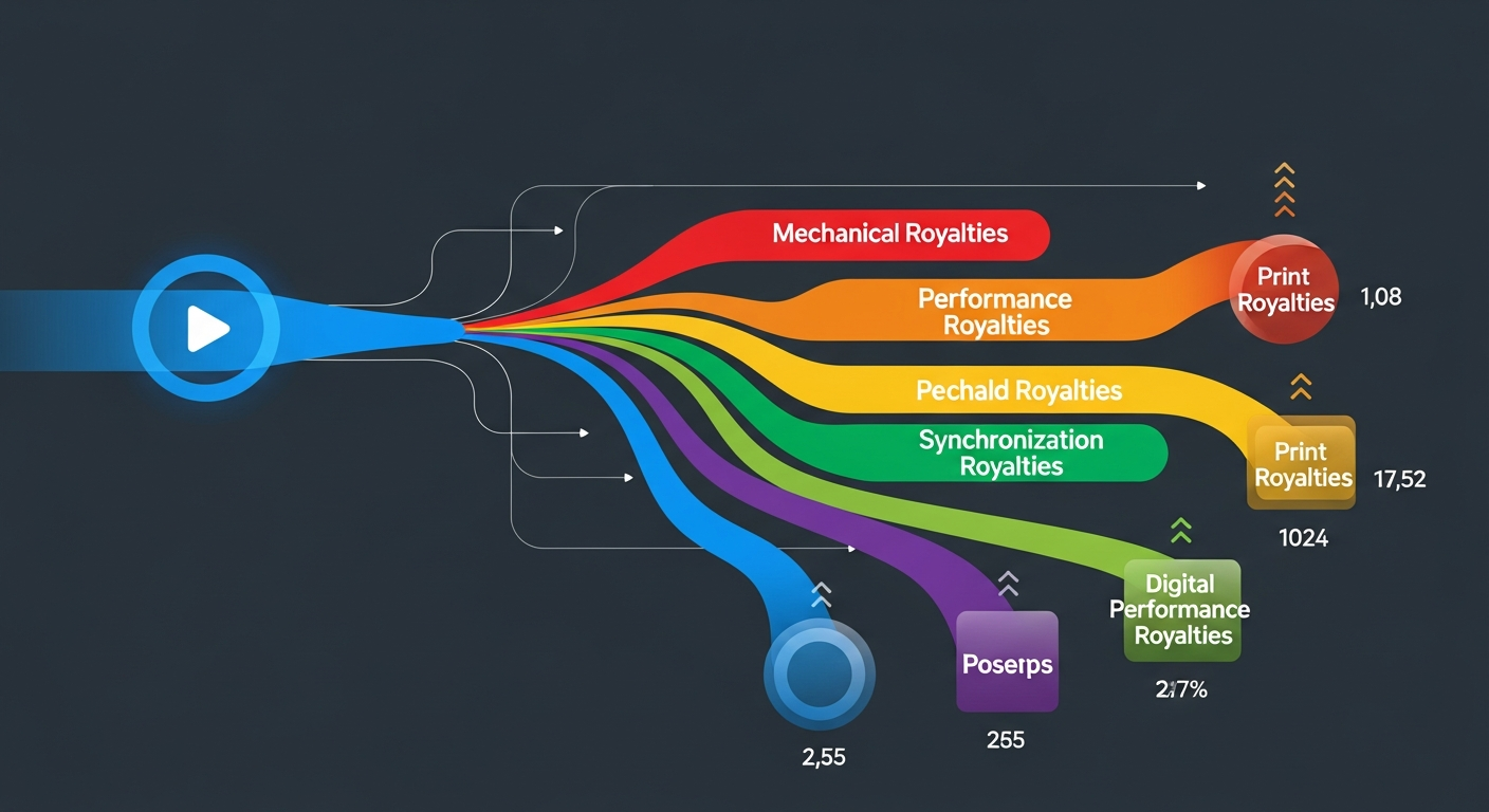 Visual representation of music royalties revenue streams: mechanical, performance, and more