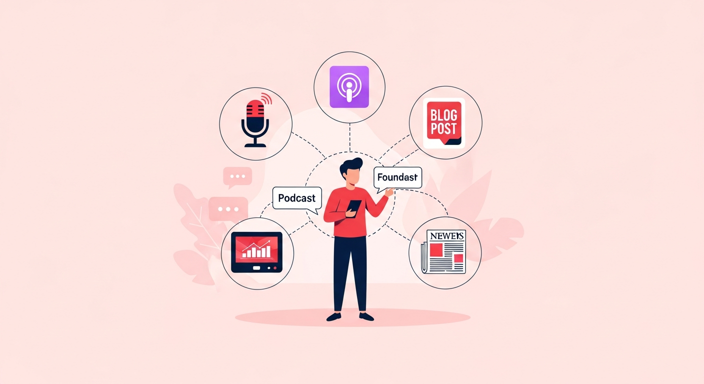 Illustration of a founder connecting directly with diverse media channels like podcasts, blogs, and social media, highlighting the evolving media landscape.
