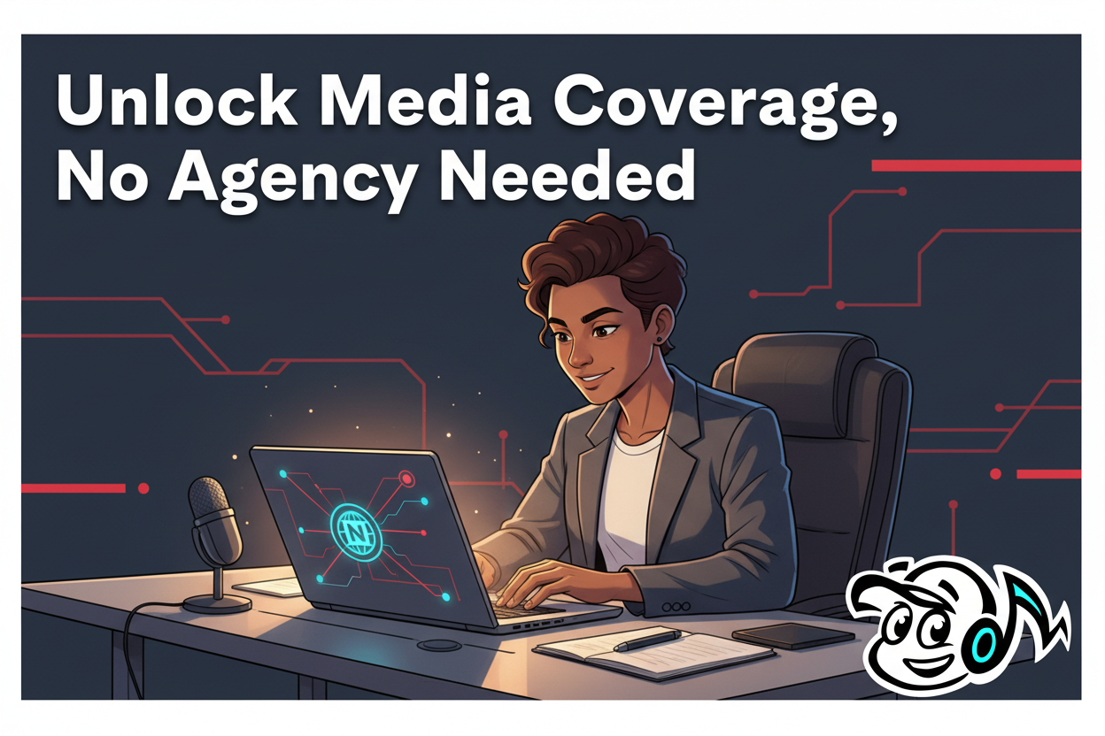 A founder confidently working on a laptop, surrounded by subtle icons representing media outreach, networking, and digital news, illustrating DIY PR success without an agency.