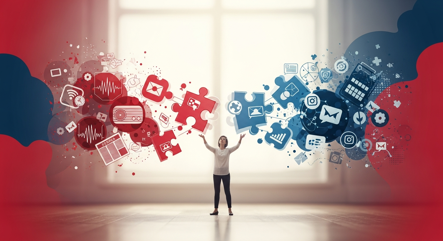 A person connecting abstract puzzle pieces, symbolizing a founder strategically understanding and adapting to the evolving media landscape for DIY PR success.