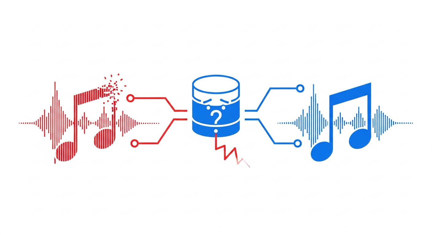 Visualizing duplicate music registrations and ISRC errors impacting music royalty tracking, showing confused data flow.