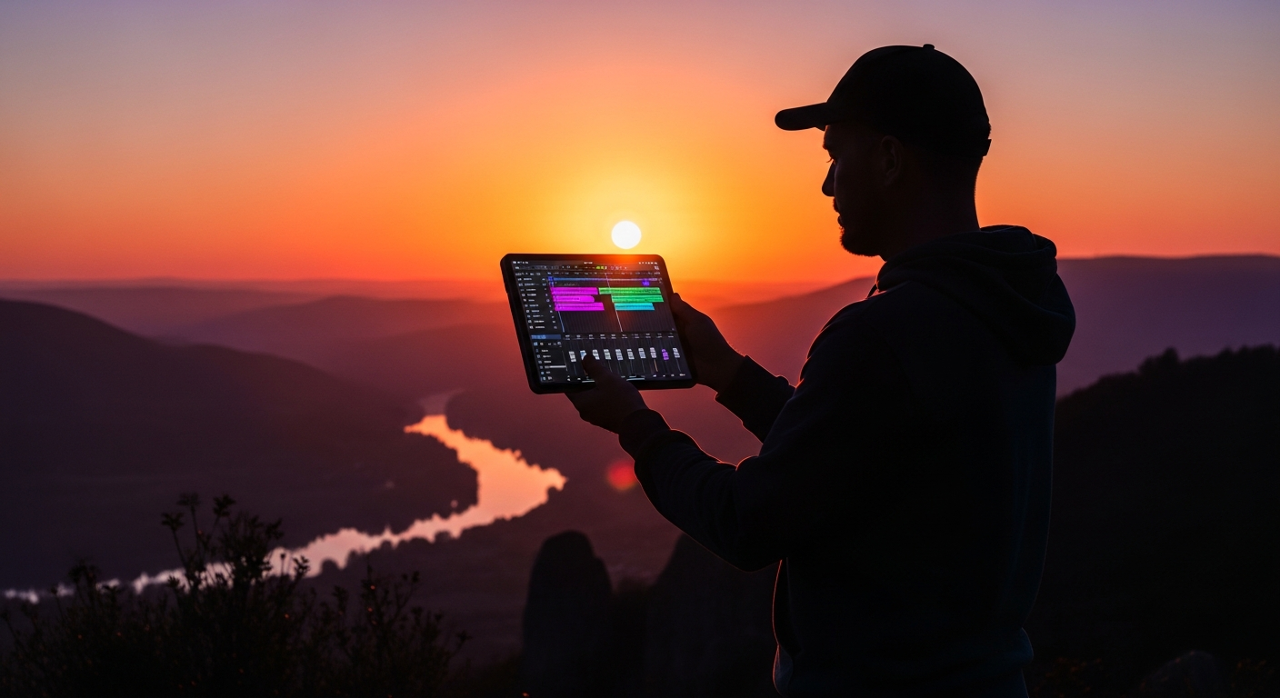 Musician using portable recording studio for on the road recording